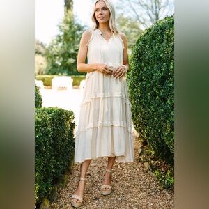 Shop The Mint Pursue Perfection Oatmeal White Ruffled Midi Dress | medium